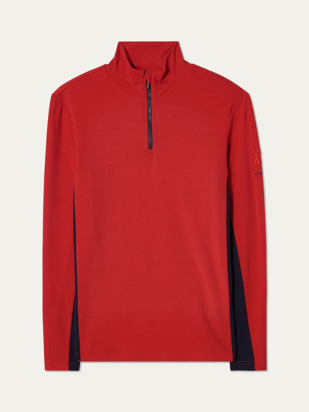 We Norwegians | FW25 | Mens Voss 1/4-Zip_Red | Model is wearing this light weight knitted top with a stand collare, 1/4th zipper opening and long sleeves on an off-white background