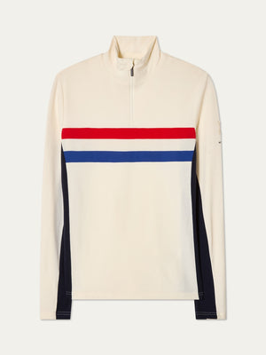 The We Norwegians Ski 1/4-Zip Men is a cream-colored pullover with a quarter-zip mock neck, horizontal red and blue chest stripes, dark side panels, and an athletic fit.