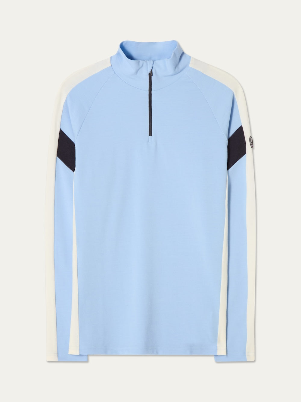Introducing the Zermatt Zipup Men by We Norwegians—a light blue long-sleeve pullover with a half-zip front, white side panels and sleeves, and black stripes on each upper arm, ideal for ski layering or enhancing your merino wool menswear collection.