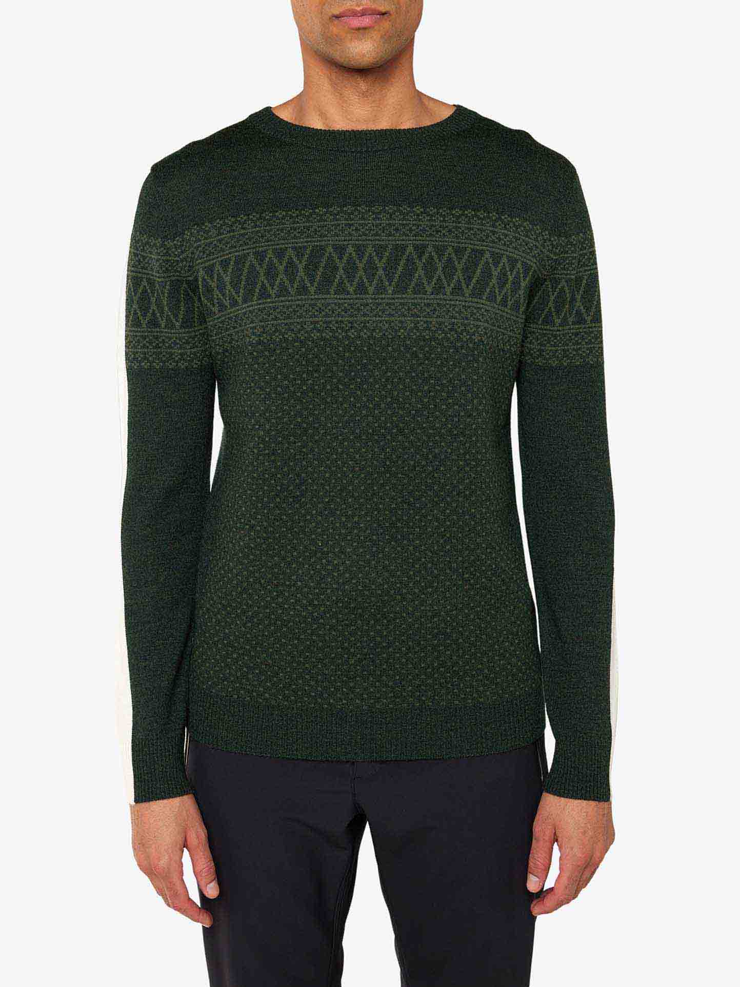 A person is wearing the Signature Crewneck Men sweater by We Norwegians, featuring a dark green knit design with intricate Setesdal patterns across the chest and upper arms. This slim-fit sweater, made from washable merino yarn, boasts long sleeves and a round neckline. The person pairs it with dark-colored pants against a plain white background.