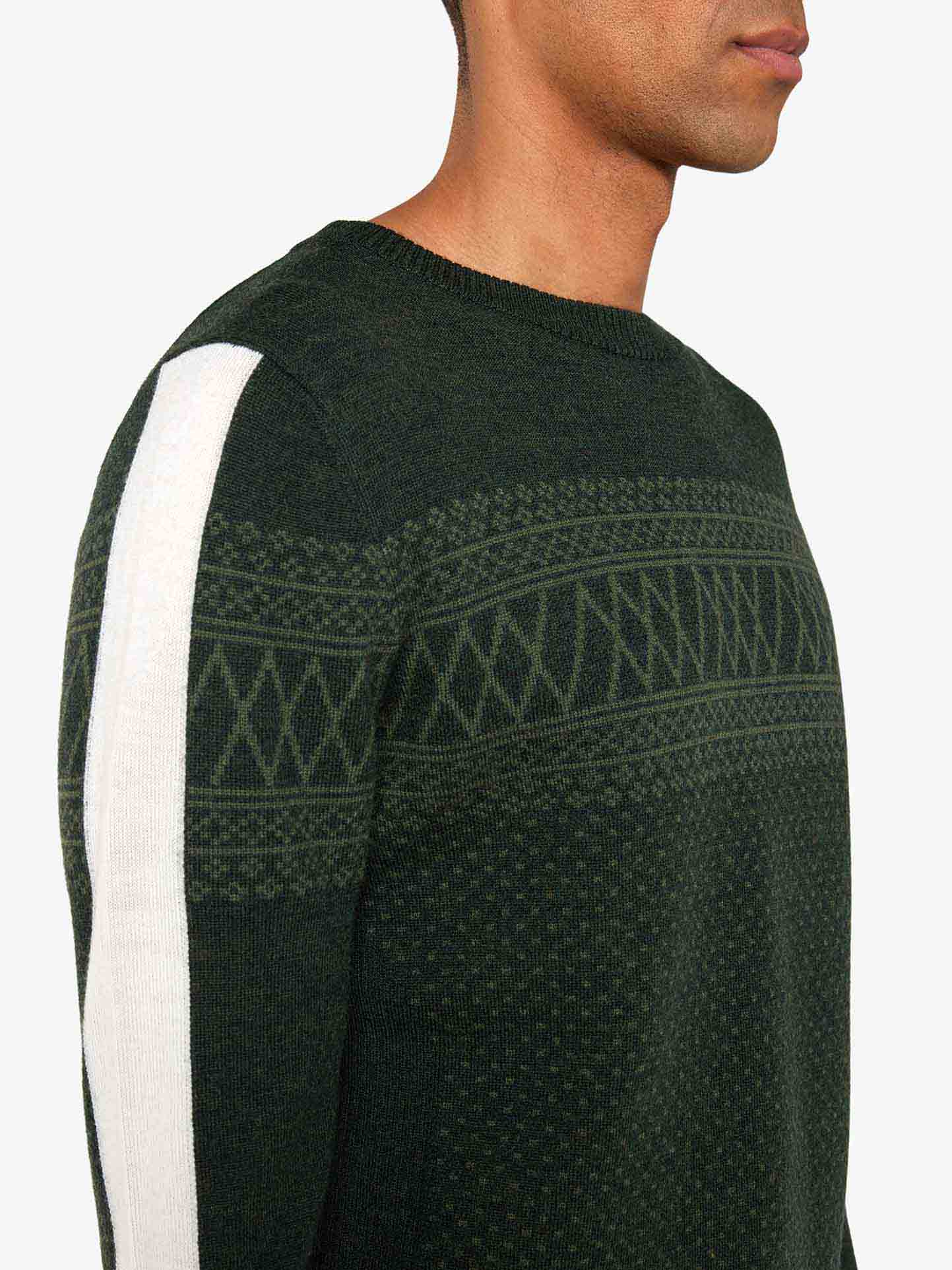 A person wearing the Signature Crewneck Men by We Norwegians in a slim fit, dark green color, featuring subtle geometric patterns reminiscent of the Setesdal pattern and a contrasting white stripe running down the sleeve. The person is shown from the side, with only the upper part of their body visible.