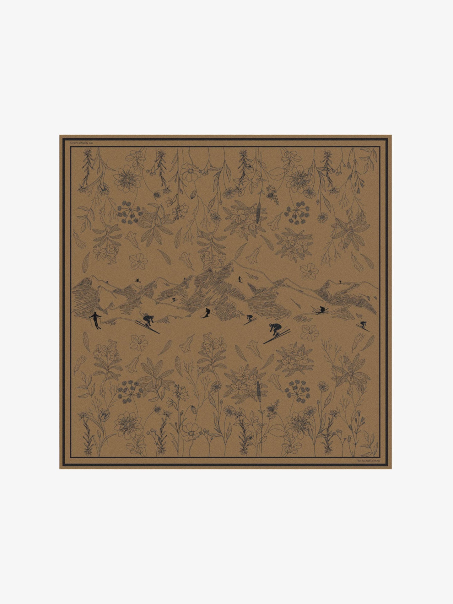 The Alps Silk Scarf by We Norwegians features a square illustration of a mountainous landscape with small figures skiing and snowboarding down the slopes, reminiscent of an Alps scenery. The background is adorned with intricate botanical patterns, including various flowers and leaves, all rendered in a vintage sepia tone.