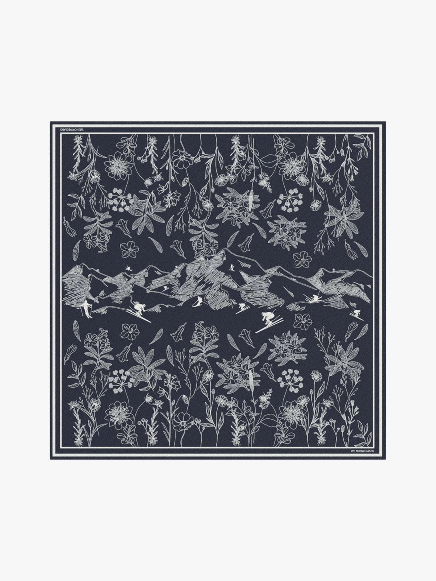 Introducing the Alps Silk Scarf by We Norwegians: a luxurious pure silk, square textile design with a central pattern of mountains and geese. It’s bordered by an intricate motif of wildflowers and botanical elements on a dark background. Perfect for pairing with your ski outfit, this scarf showcases natural elements meticulously detailed in white.