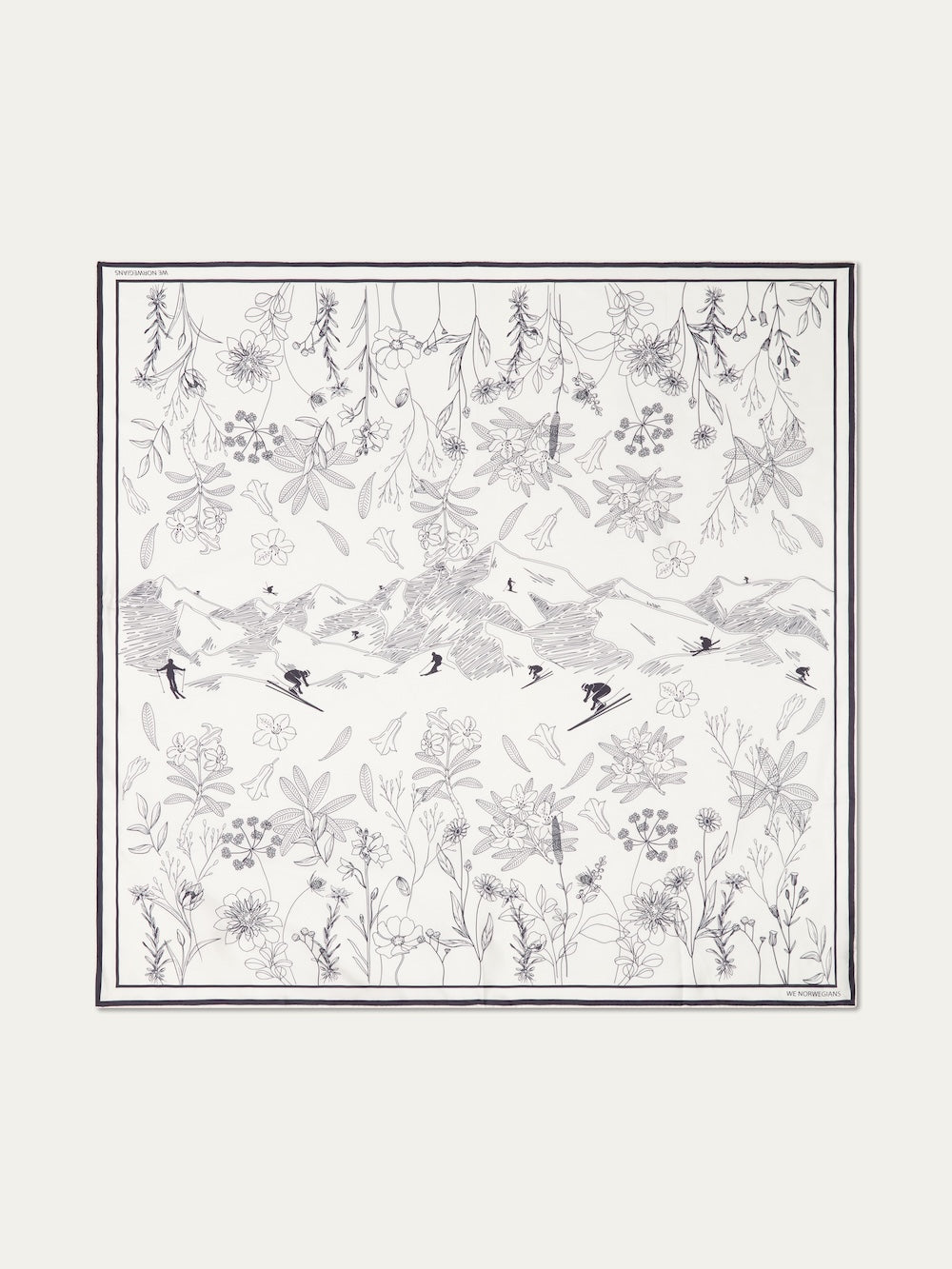 The Alps Silk Scarf by We Norwegians features black and white Scandinavian-inspired mountain scenes with skiers, birds, flowers, and leaves—ideal for après-ski decor or as a stylish accessory.