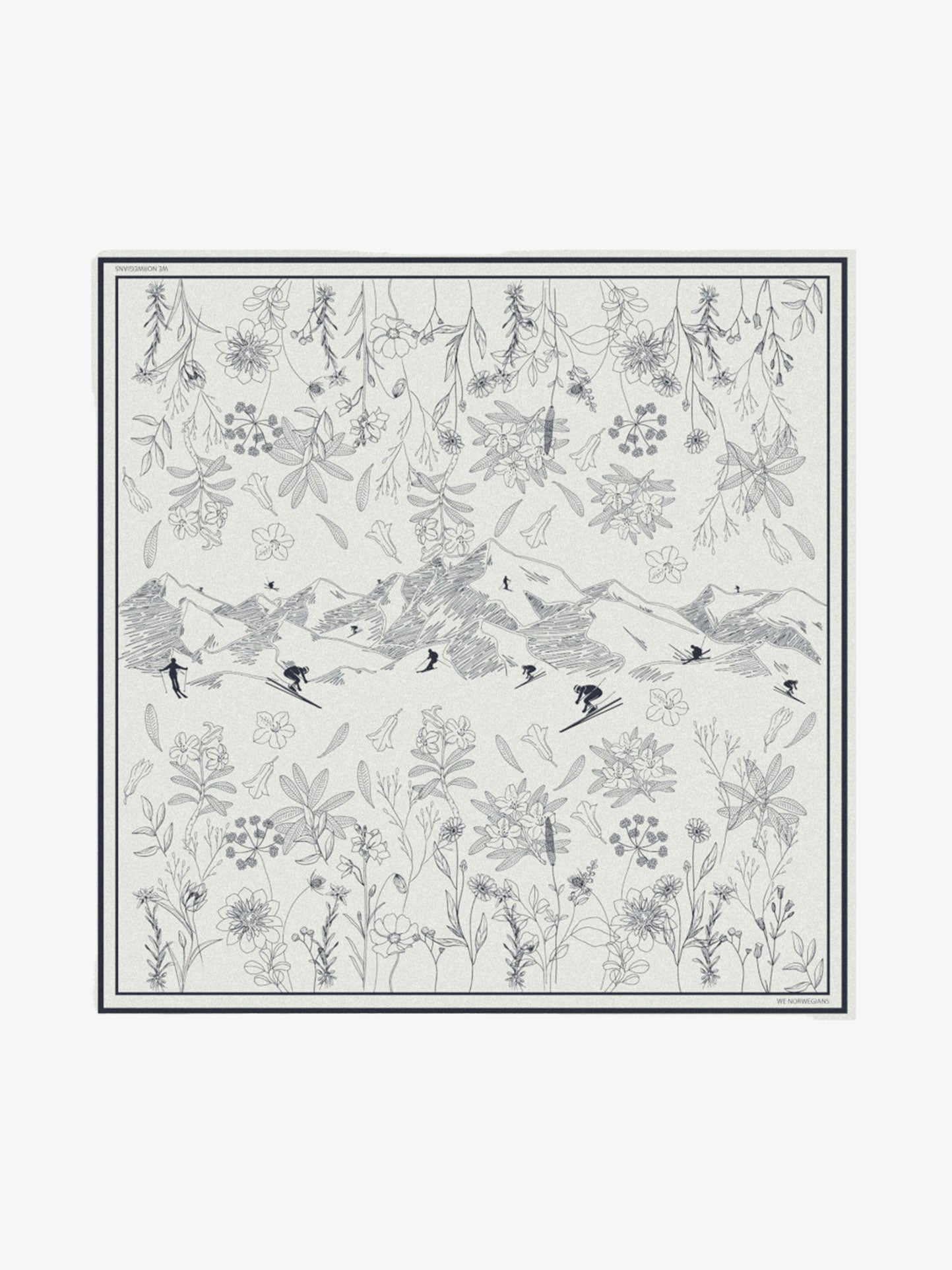 Introducing the We Norwegians Alps Silk Scarf: This elegant square scarf showcases intricate line drawings that evoke the charm of an Alpine adventure. At its center, you'll find a beautifully detailed mountain landscape featuring skiers and trees, making it an ideal accessory for your ski outfit. Surrounding this scene are delicate floral patterns with various flowers and leaves, all rendered in a sophisticated monochrome color scheme.