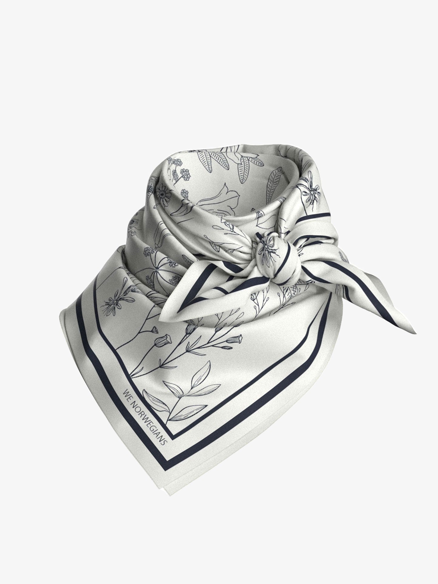 A folded Alps Silk Scarf made of pure silk showcases intricate botanical illustrations in dark lines on a plain light grey background. The scarf, tied in a knot, features a border pattern and displays the "We Norwegians" text on one corner.