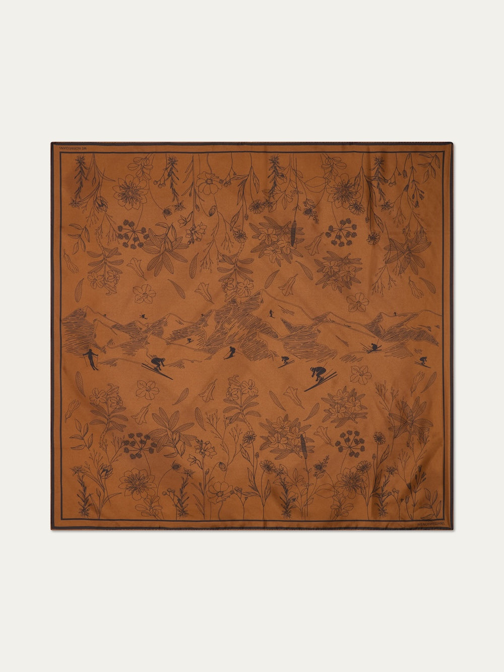 The Alps Silk Scarf from We Norwegians features Scandinavian-inspired brown silk with black line art of mountains, birds, and botanicals, edged with a slim black border—ideal for après-ski elegance.