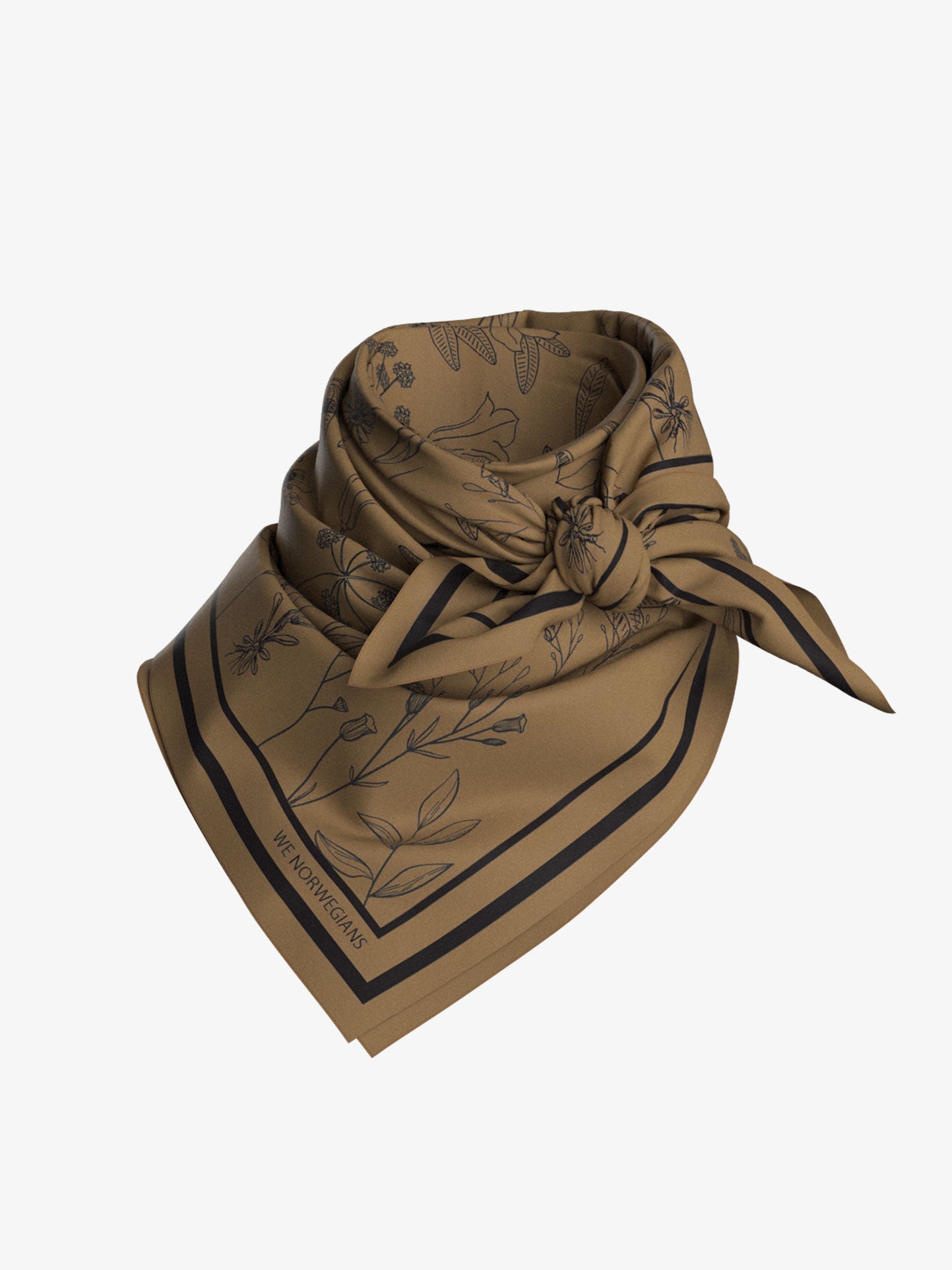 The Alps Silk Scarf by We Norwegians is a brown pure silk accessory intricately adorned with delicate black floral patterns, neatly folded and tied in a loose knot. Perfect for enhancing a ski outfit, this scarf features a subtle border and a soft sheen that accentuates its luxurious texture.