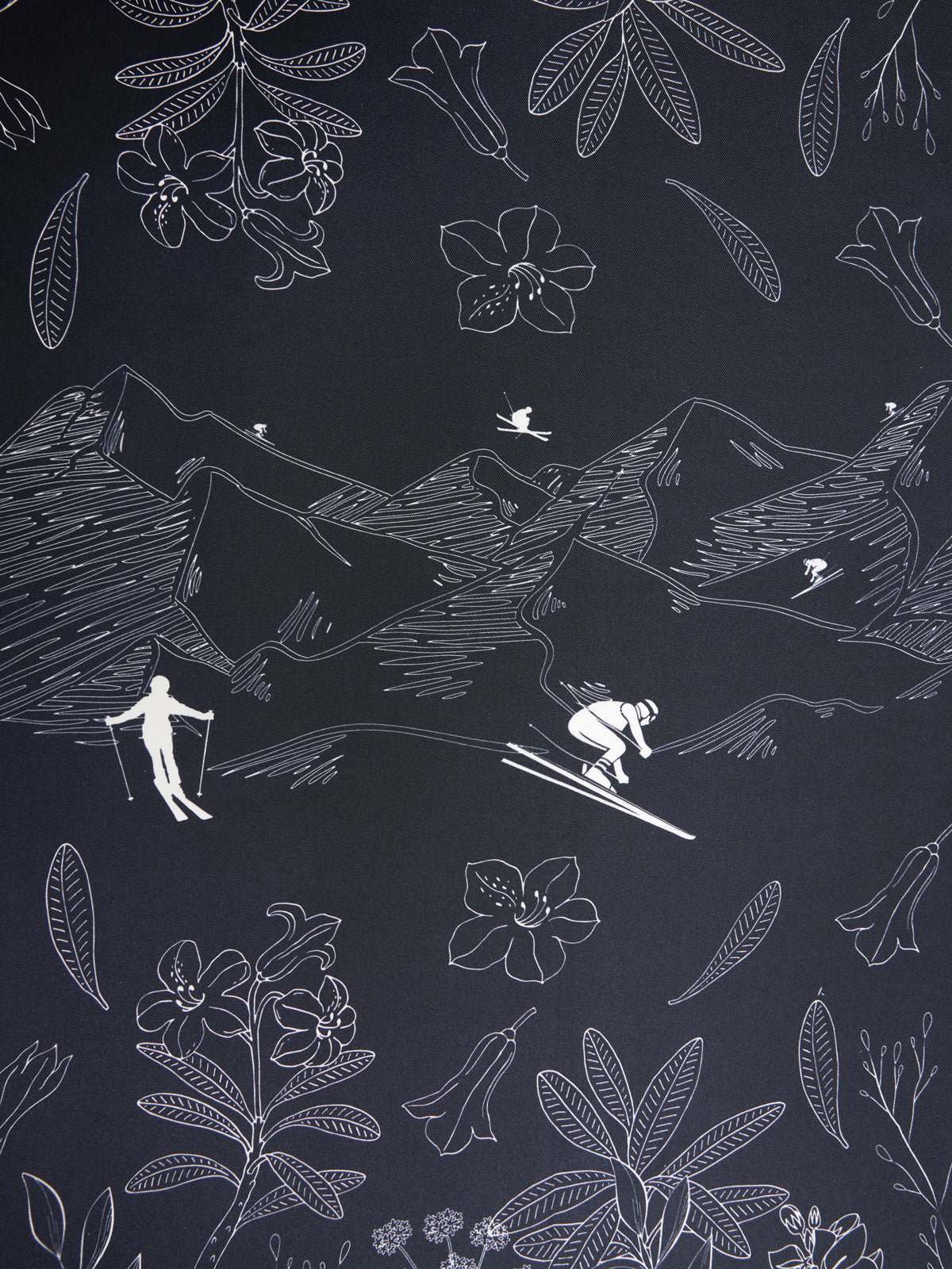 A dark gray backdrop with white line drawings depicting a mountain landscape. Skiers in stylish ski outfits descend slopes, while trees and flowers frame the scene. Birds are seen flying in the sky, and the overall design has an elegant, illustrative style, perfect for the We Norwegians Alps Silk Scarf.