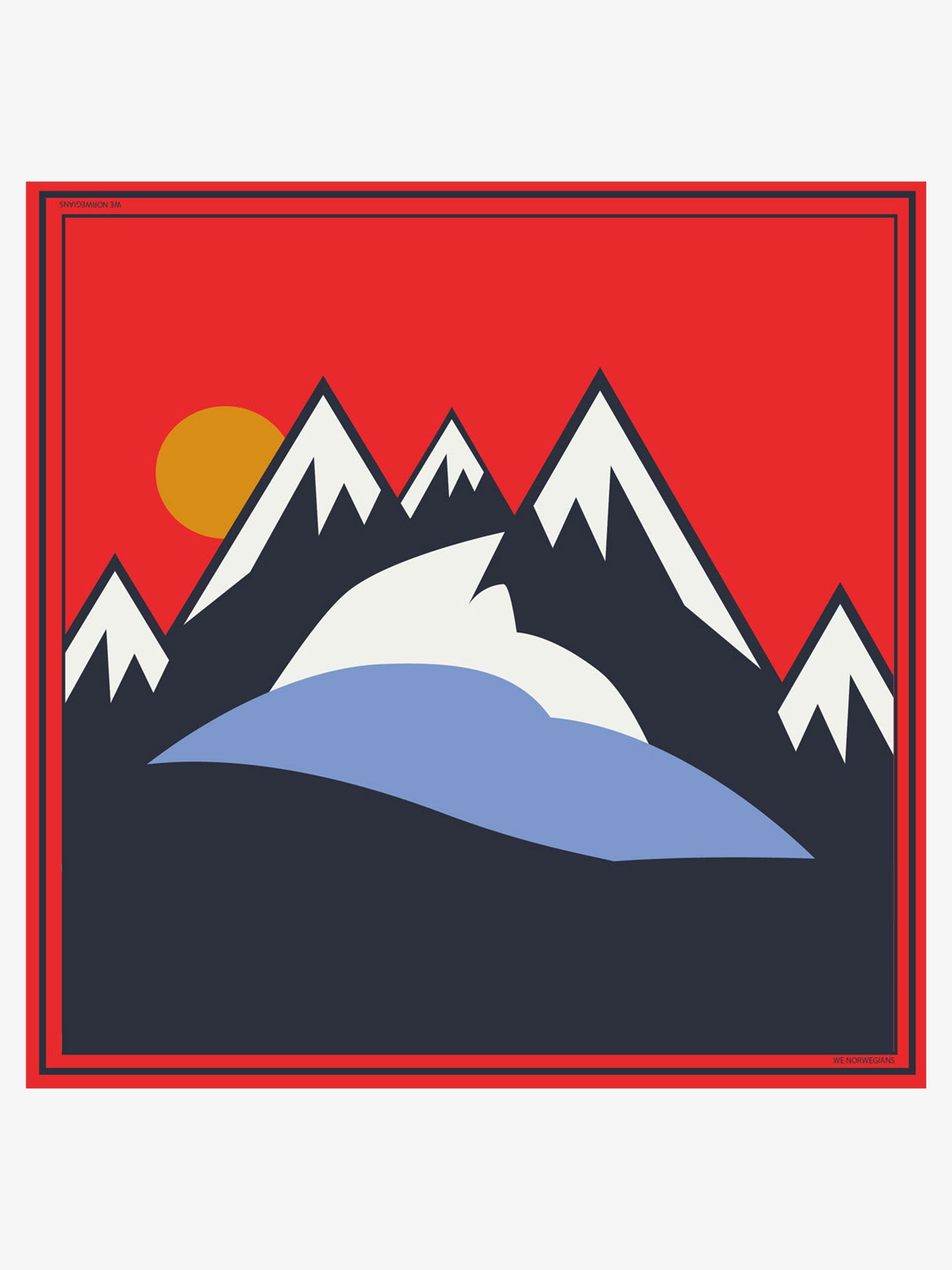 A stylized graphic of black and white mountain peaks set against a vibrant red background. A bright orange sun is partially obscured by the snowy mountain, while a blue snow-covered slope is prominent in the foreground. The image boasts a minimalist, modern design, reminiscent of the chic patterns found on We Norwegians' Snowfun Silk Scarf.