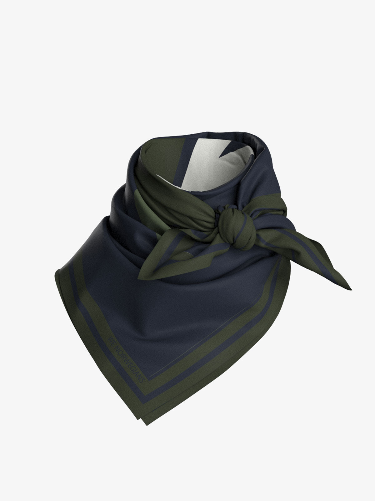 A neatly folded We Norwegians Snowfun Silk Scarf in dark green and navy blue hues, crafted from pure silk, is tied in a knot. The scarf features a simple, elegant design with subtle stripes along the border. It is displayed against a plain, light gray background.