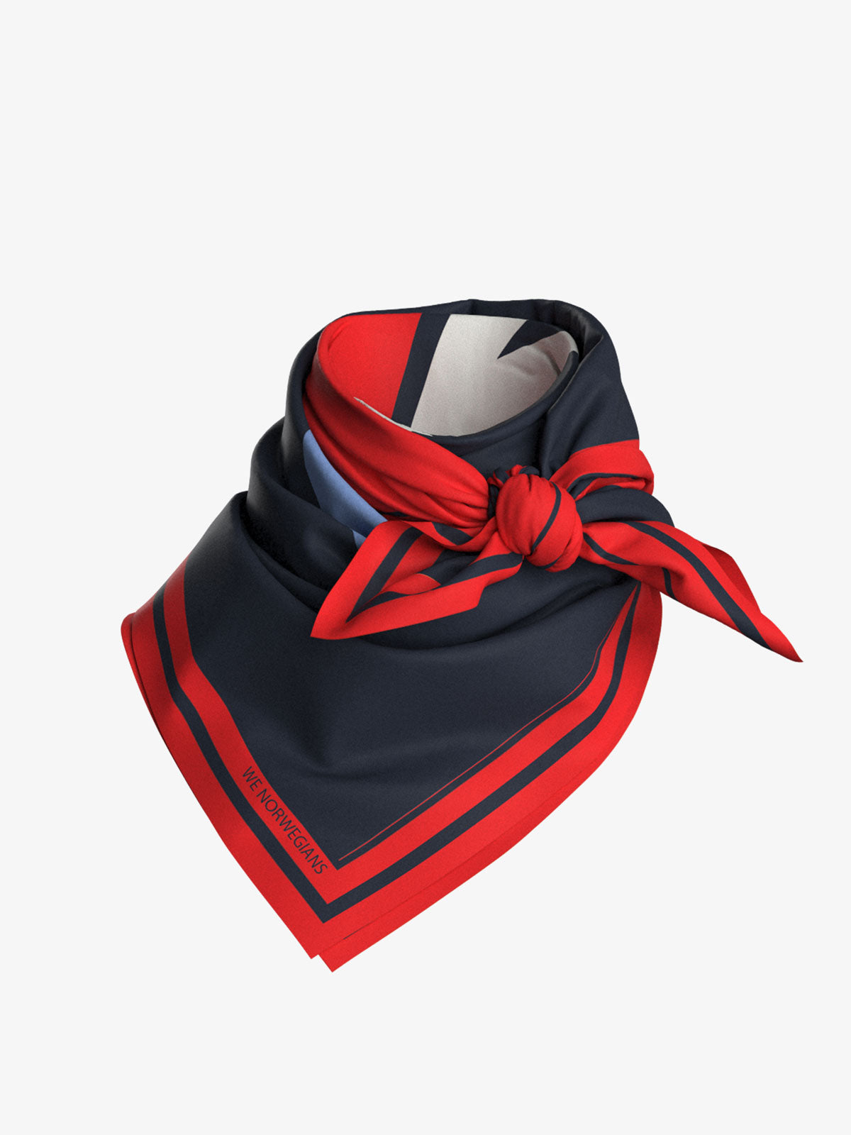 The We Norwegians Snowfun Silk Scarf, crafted from pure silk, is a folded delight tied with a knot at the front. It features a navy blue base with bold red borders and stripes, creating an eye-catching contrast. The fabric is smooth and silky, reminiscent of a snowy mountain's serene beauty.