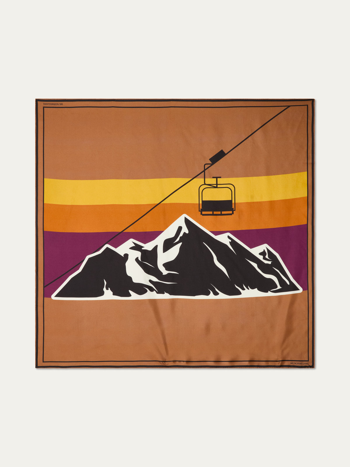 The Afterski Silk Scarf by We Norwegians features a retro design with a stylized black mountain, snowy peaks, cable car, and orange, yellow, and purple stripes on brown—perfect for an AfterSki-inspired look.