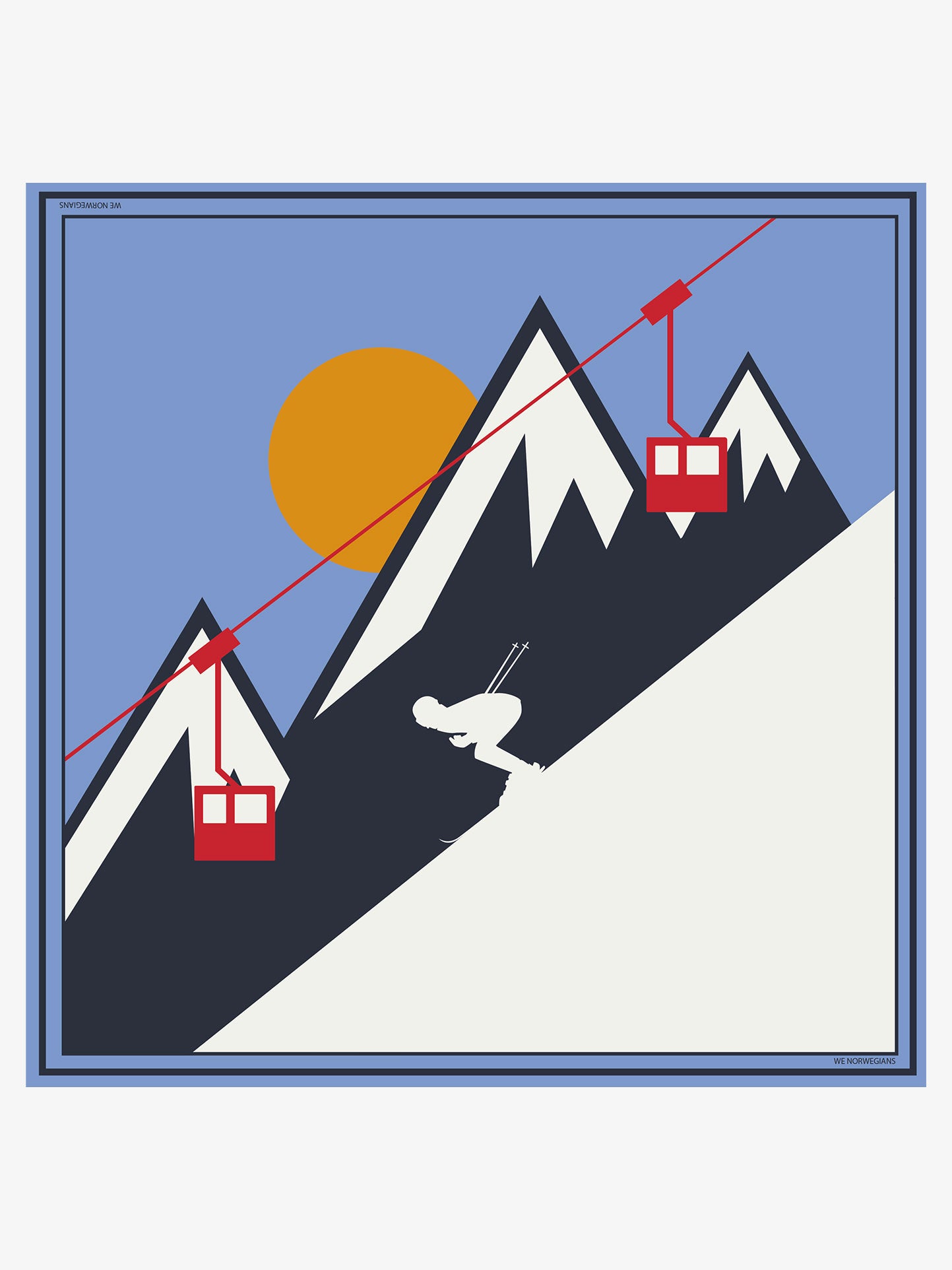 Illustrated image of a skier descending down a steep mountain slope, wearing the stylish Afterski Silk Scarf by We Norwegians, with two red cable cars suspended above. The background features a pale blue sky with a large orange sun partially behind the mountain peaks. The style is minimalist with sharp, geometric shapes.