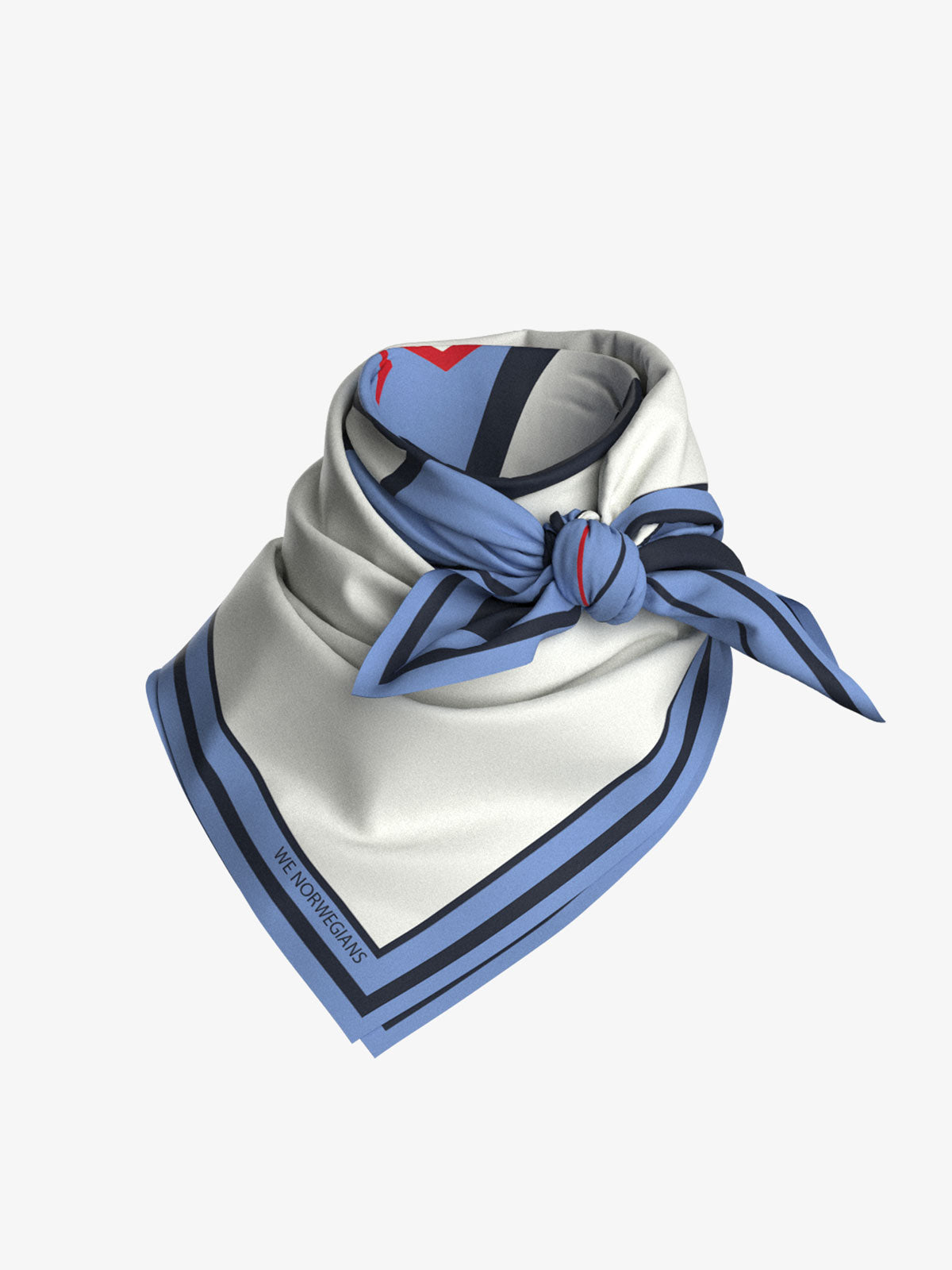 The Afterski Silk Scarf by We Norwegians is a neatly folded square scarf that features a blue and white color scheme with red accents. It has a navy blue border and a small knot on one side, showcasing retro color block panels and clean lines. The material appears silky and smooth.