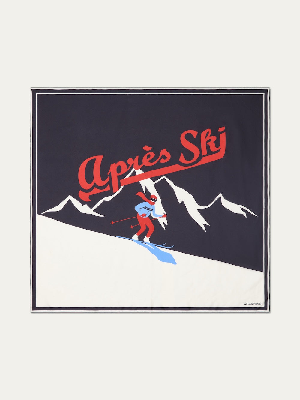 Introducing the Afterski Silk Scarf by We Norwegians—a luxurious silk twill accessory showcasing a skier in vivid red and blue descending a snowy slope, with dramatic dark mountains forming the backdrop. The bold “Après Ski” script stretches across the top in striking red, while elegant hand-stitched edges complete this eye-catching design. The perfect finishing touch for your après-ski ensemble.