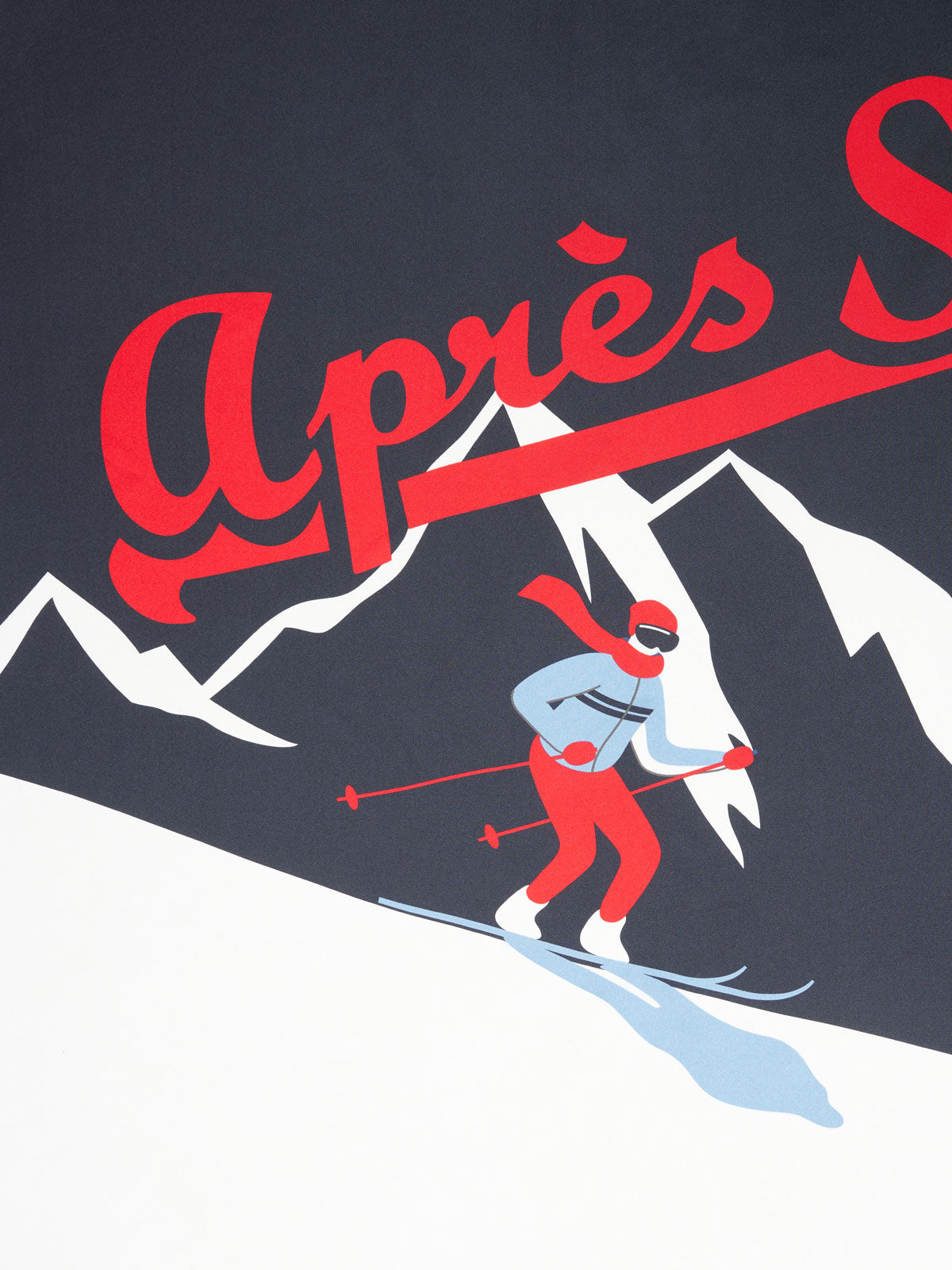 An illustration of a skier in a retro color block outfit, skiing down a snowy slope with mountainous peaks in the background. The words "Après Ski" are written above in large, red cursive letters. This vibrant scene is captured on the Afterski Silk Scarf by We Norwegians.