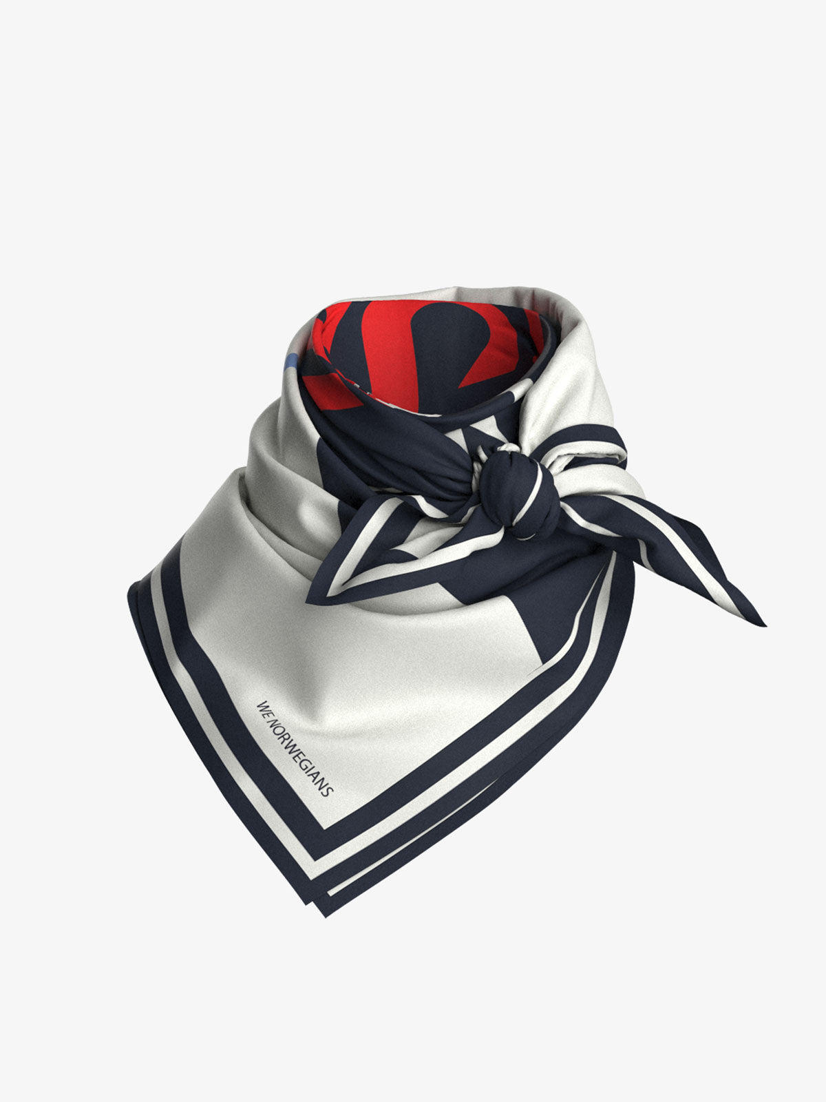 The Afterski Silk Scarf by We Norwegians features a neat knot, with bold navy and red geometric patterns displayed on a white background. In the lower corner, it proudly displays the text "We grow ideas." Reminiscent of retro color block panels, this scarf exudes a modern and elegant style.