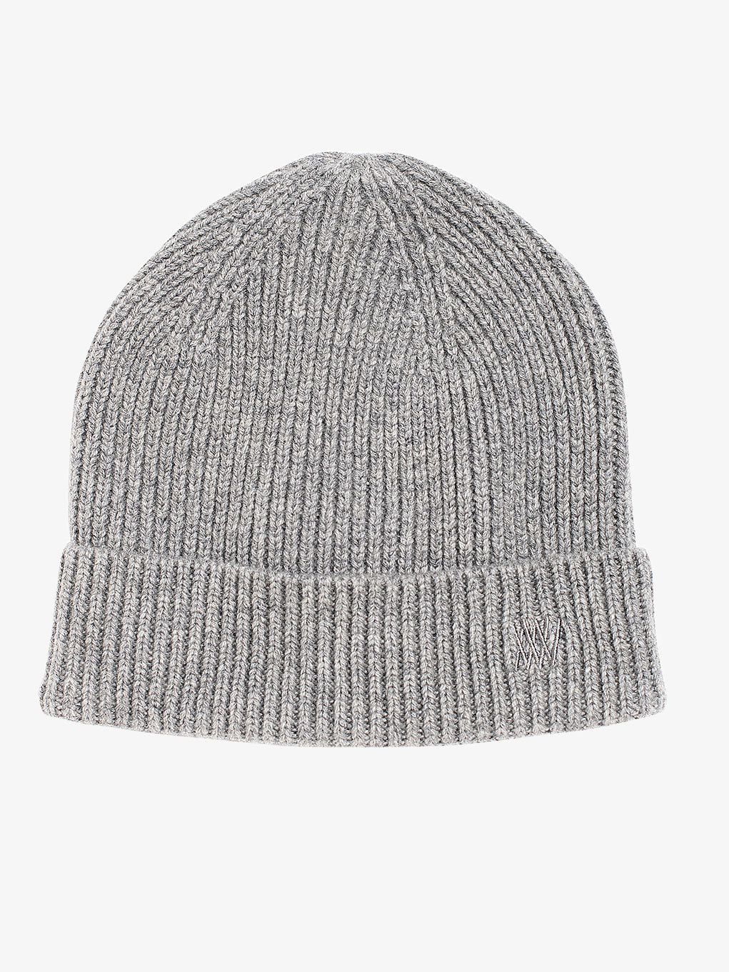 The Blefjell Hat by We Norwegians is a gray, ribbed knit beanie with a folded brim, featuring tonal embroidery and a subtle logo on the side.