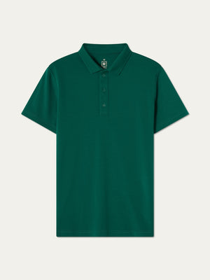 The We Norwegians Medalist Piqué Polo Men is a dark green, short-sleeved golf shirt with a collar and three-button placket, designed for comfort and style, shown on a white background.