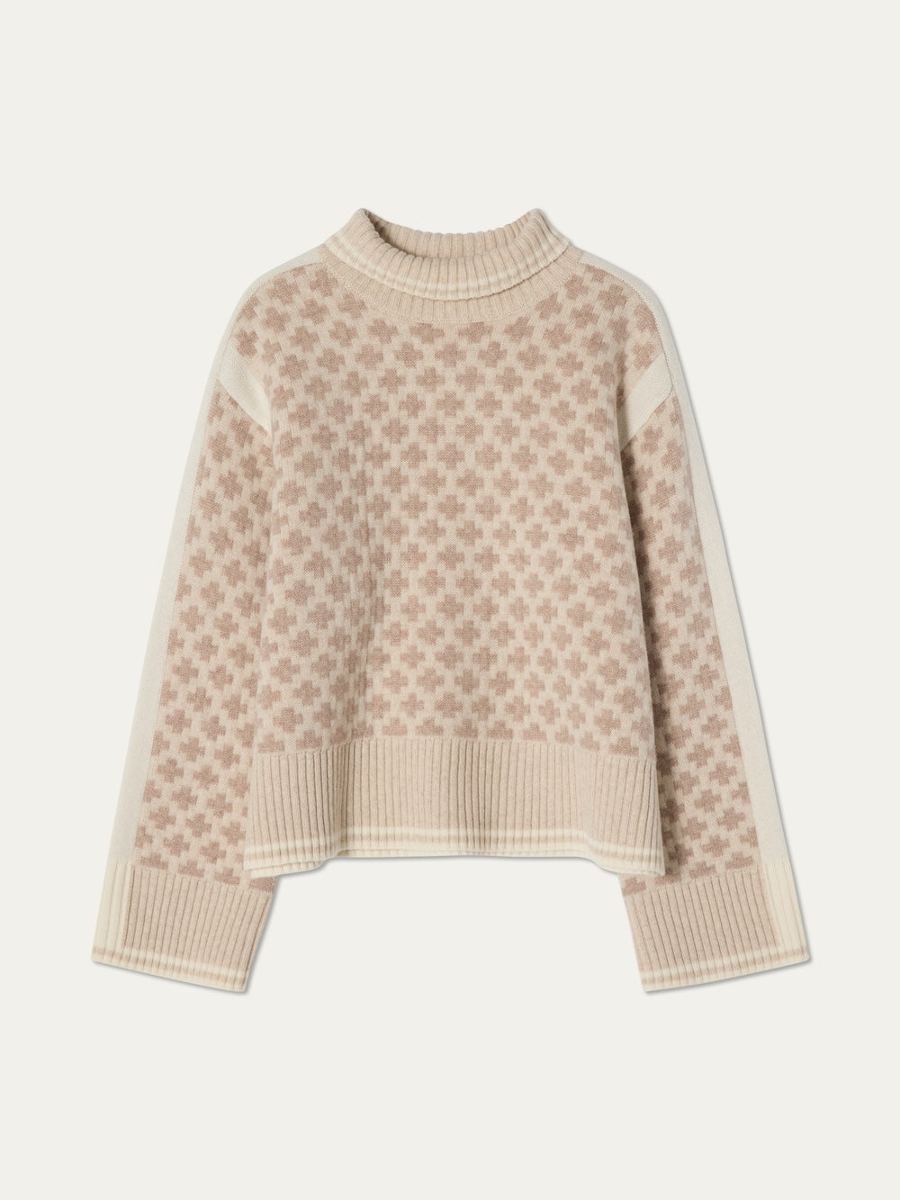 The We Norwegians Boat Sweater women - Pre Spring 26 is a beige and light brown knit with a geometric cross pattern, long sleeves, ribbed cuffs, hem, and collar, plus a slightly boxy, cropped fit.