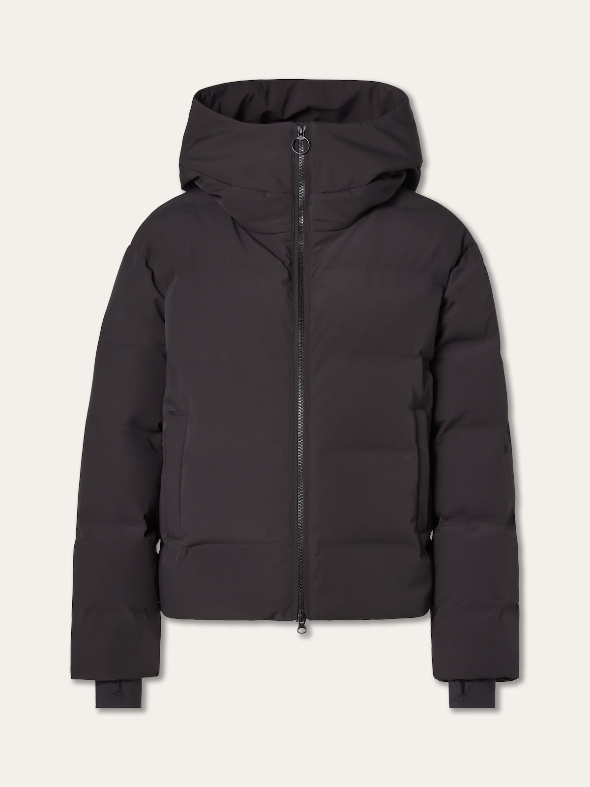 The We Norwegians Aurora Ski Jacket women is a black, hooded puffer with a front zipper, long sleeves, and high collar, made with responsible down and shown against a light background.
