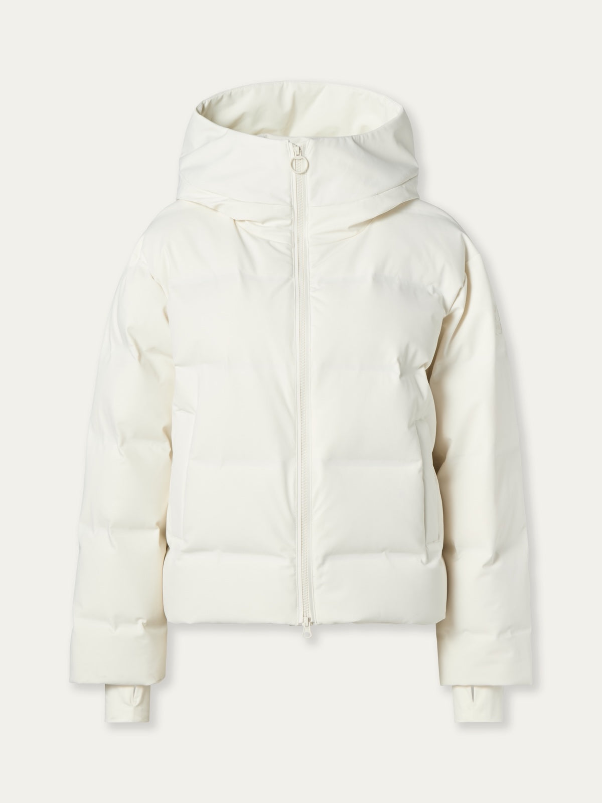 The Aurora Ski Jacket for women by We Norwegians is a white, waterproof, fitted puffer with a hood, front zipper, long sleeves, responsible down, and quilted design—perfect for staying warm and stylish on the slopes.
