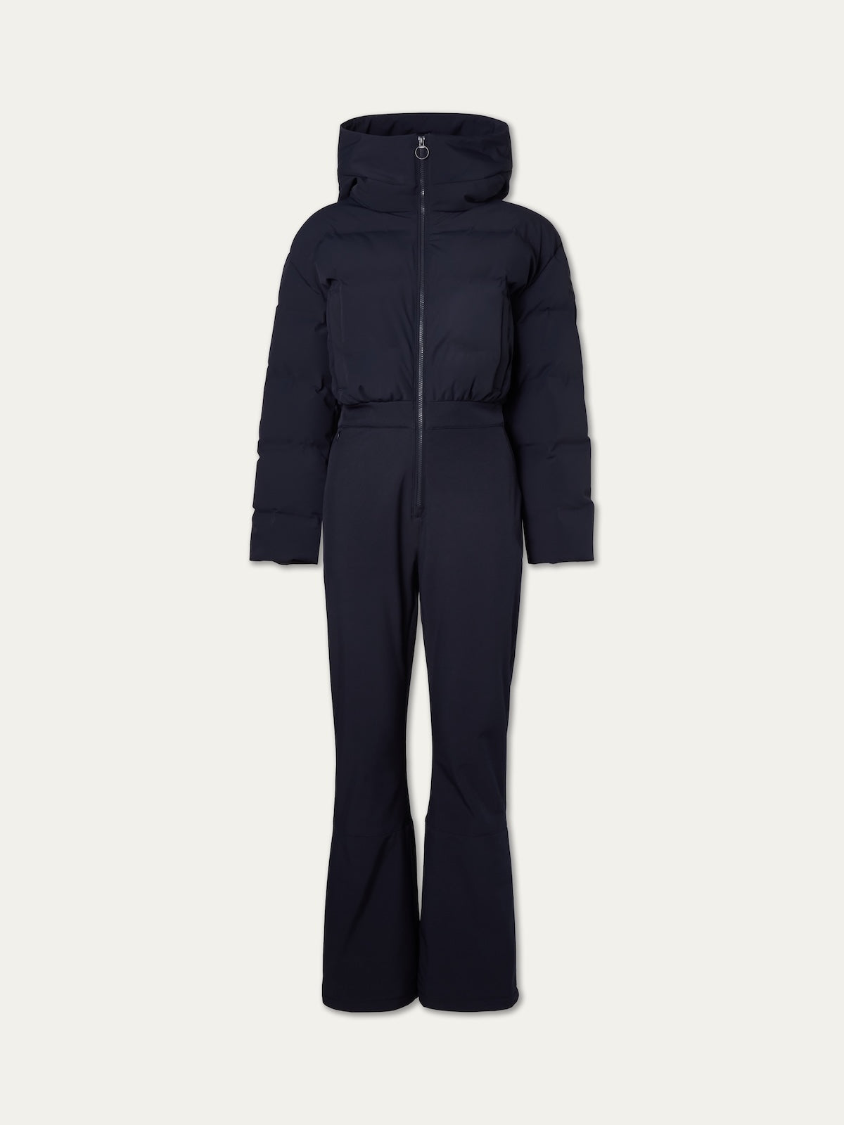 The We Norwegians Aurora Ski Suit for women showcases a sleek black, one-piece design with a front zipper, hood, quilted upper body and sleeves, and fitted, slightly flared pant legs, all set against a plain light background.
