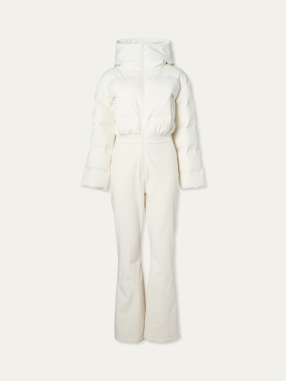 The We Norwegians Aurora Ski Suit for women features an alpine white, one-piece design with a puffer jacket top, hood, and fitted flared pants—all made with responsible down and shown on a plain white background.