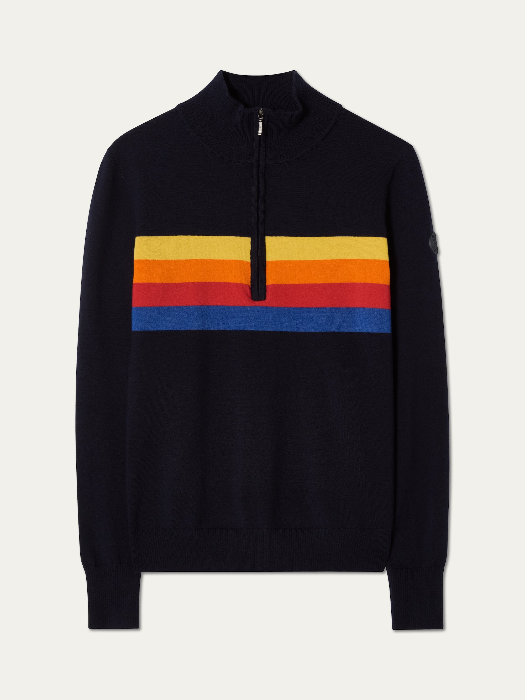 The We Norwegians FreeBird ZipUp women is a navy blue alpine sweater with a half-zip collar and horizontal yellow, orange, red, and blue stripes across the chest.