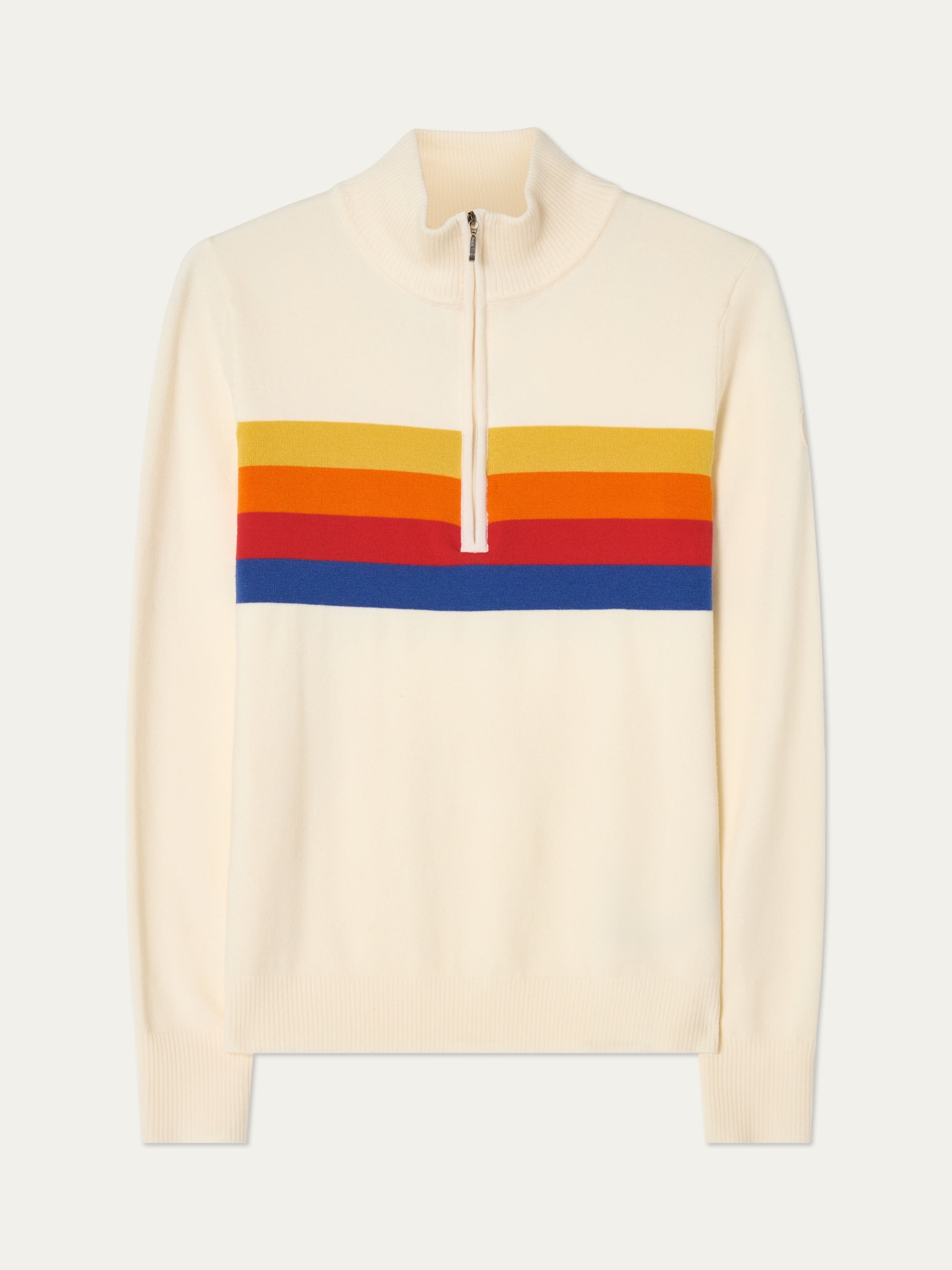 The We Norwegians FreeBird ZipUp women sweater is cream-colored with a half-zip collar and horizontal yellow, orange, red, and blue stripes across the chest.