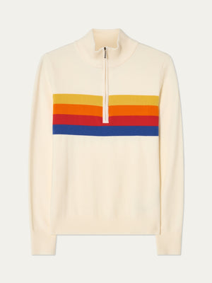 The We Norwegians FreeBird ZipUp women sweater is cream-colored with a half-zip collar and horizontal yellow, orange, red, and blue stripes across the chest.
