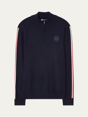 The FreeBird ZipUp men by We Norwegians is a navy blue lightweight sweater with red and white sleeve stripes and a small circular embroidered logo on the left chest.