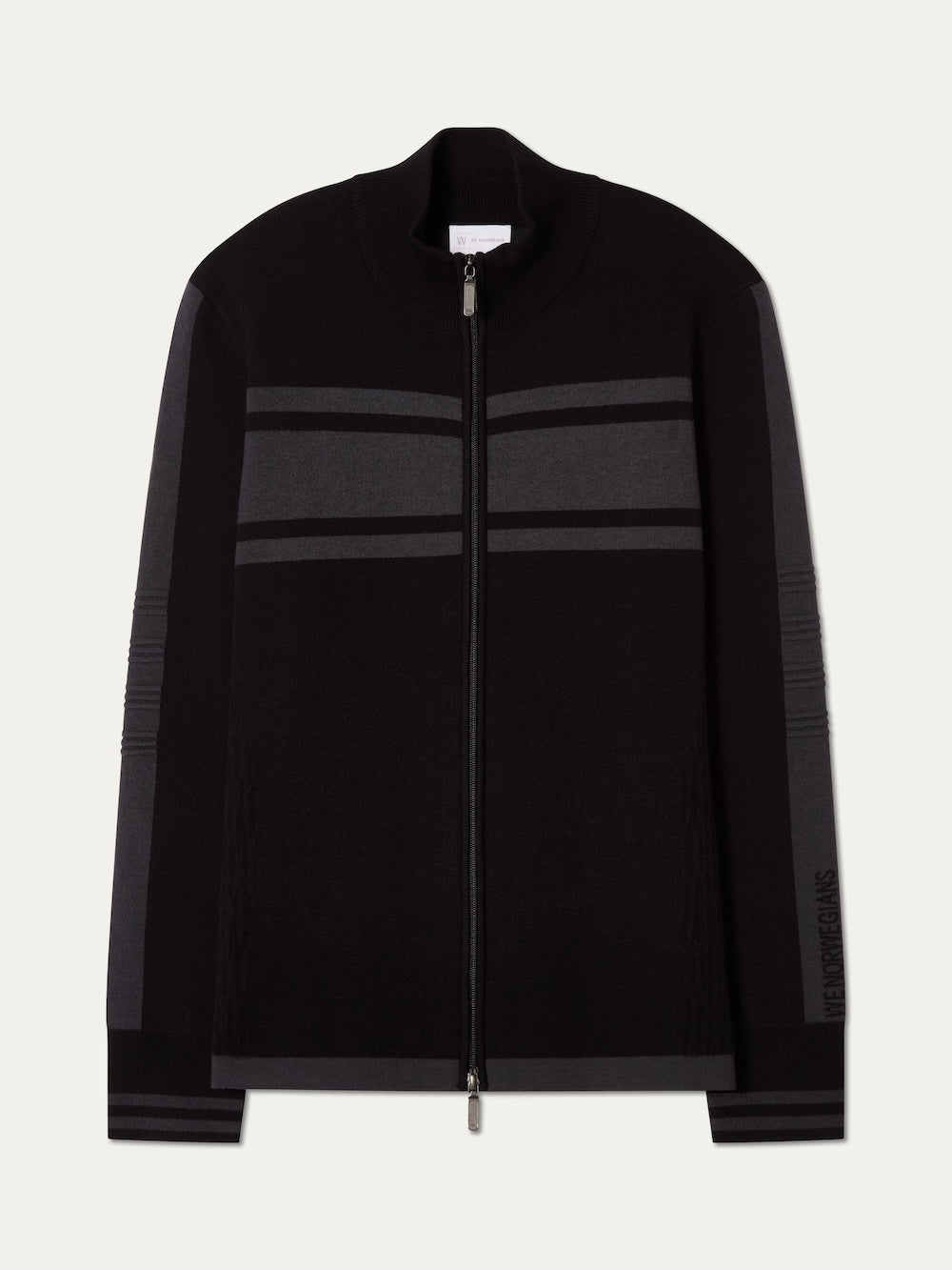 The Rocky FullZip men by We Norwegians is a retro black zip-up jacket with a stand collar, highlighted by two horizontal dark grey stripes on the chest and matching stripe accents on the sleeves and cuffs.