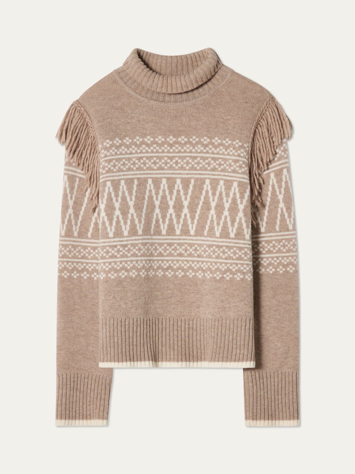 The We Norwegians Setesdal Sweater women features beige and white knit, a turtleneck, geometric diamond patterns, ribbed hem and cuffs, plus shoulder fringe inspired by traditional Norwegian style.