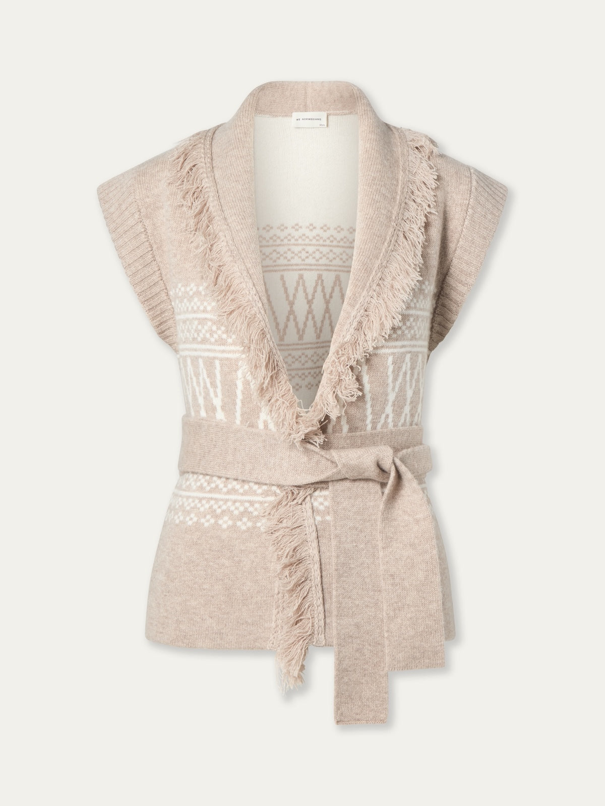 The We Norwegians Setesdal Vest women is a sleeveless beige vest with a white Norwegian-inspired geometric pattern, front fringe trim, ribbed shoulders, and a matching waist belt.
