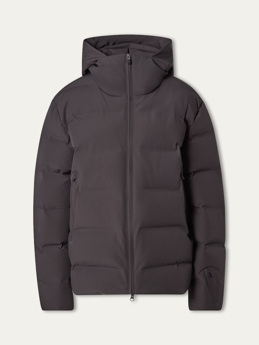 The We Norwegians Nordlys Ski Jacket men is a dark gray, puffy hooded jacket with a waterproof finish, front zipper, and two side pockets, shown against a plain light background.