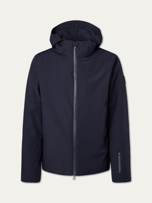 The We Norwegians Hammerfest Ski Jacket men is a dark navy, waterproof jacket with a front zipper, long sleeves, sleek minimalist design, a small zippered pocket on the left sleeve, and no visible front branding.