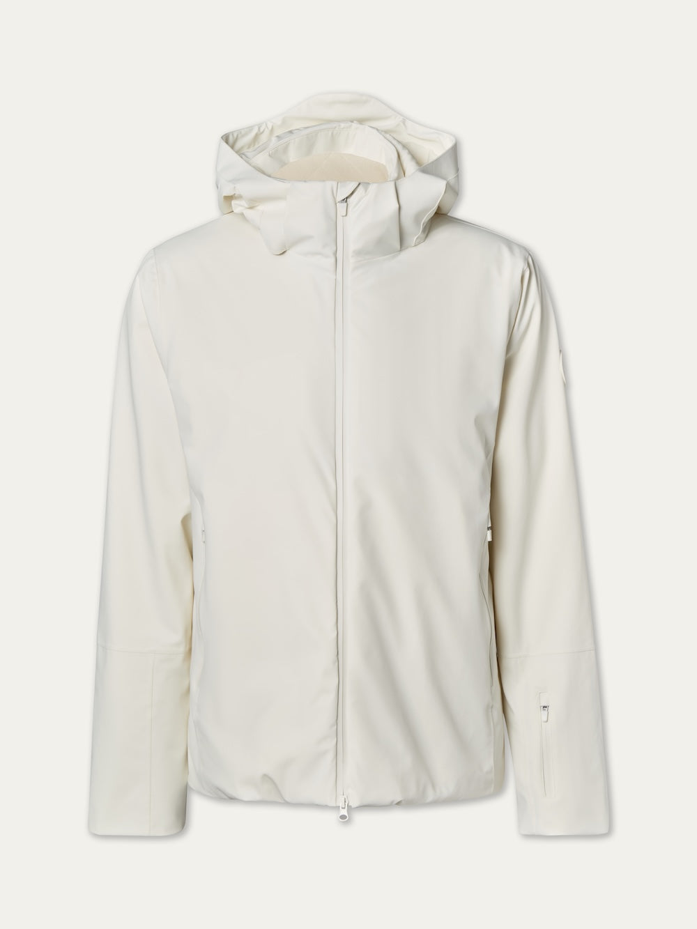 The We Norwegians Hammerfest Ski Jacket men features a plain white minimalist design with a front zipper and long sleeves, combining comfort and style for cold days. Shown against a light background.