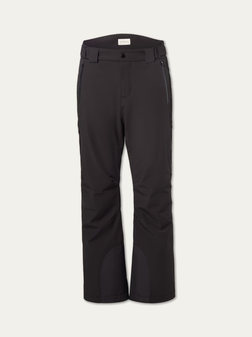 The Hammerfest Ski Pant for men by We Norwegians in black features waterproof fabric, button and zip closure, belt loops, two zippered side pockets, and reinforced knees and cuffs, shown against a plain white background.
