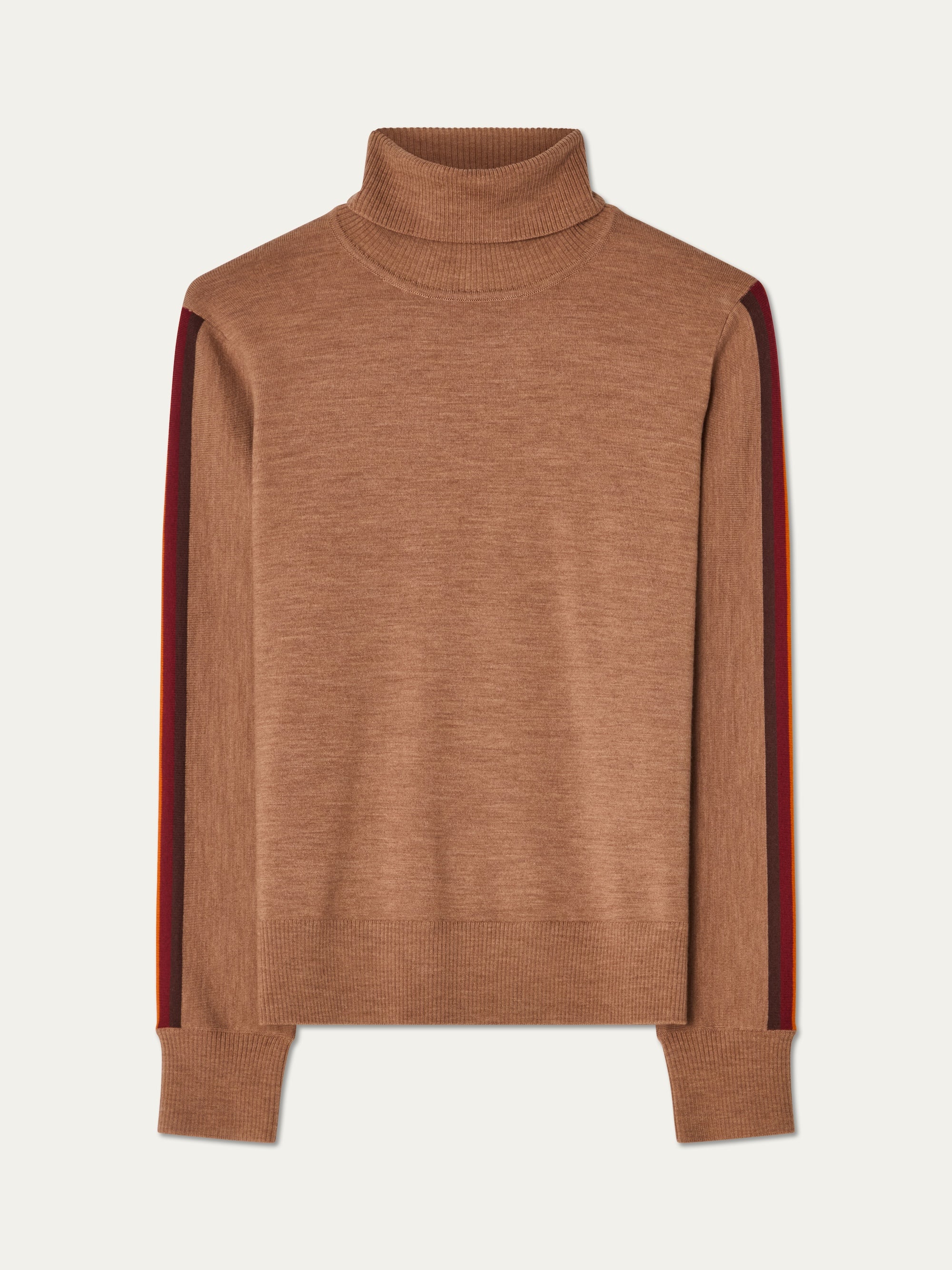 The FreeBird Turtleneck Women by We Norwegians is a brown merino wool sweater with red and dark brown sleeve stripes, shown on a plain background. Ideal for stylish ski outfits or cozy winter wear.