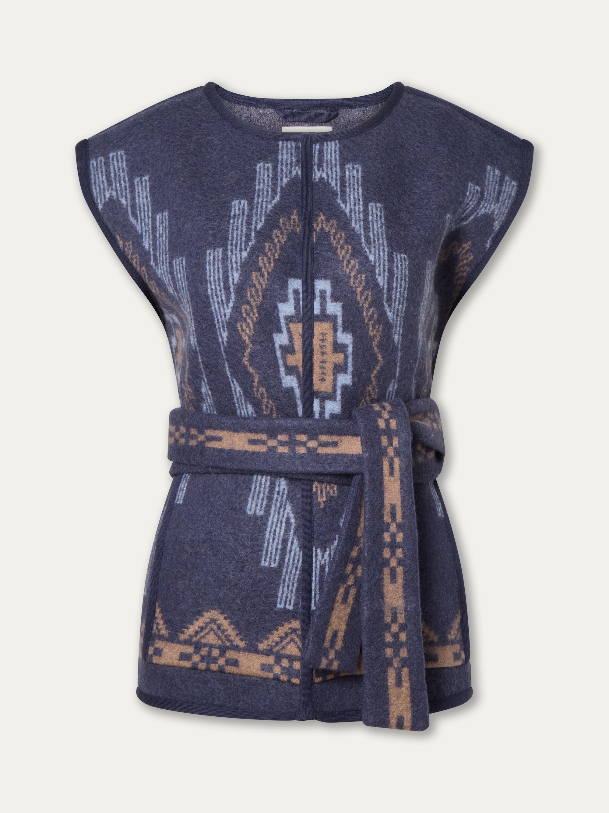 The We Norwegians Kautokeino Vest for women features a navy blue and beige jacquard pattern, is sleeveless with an open front, a matching belted waist, and is displayed against a white background.