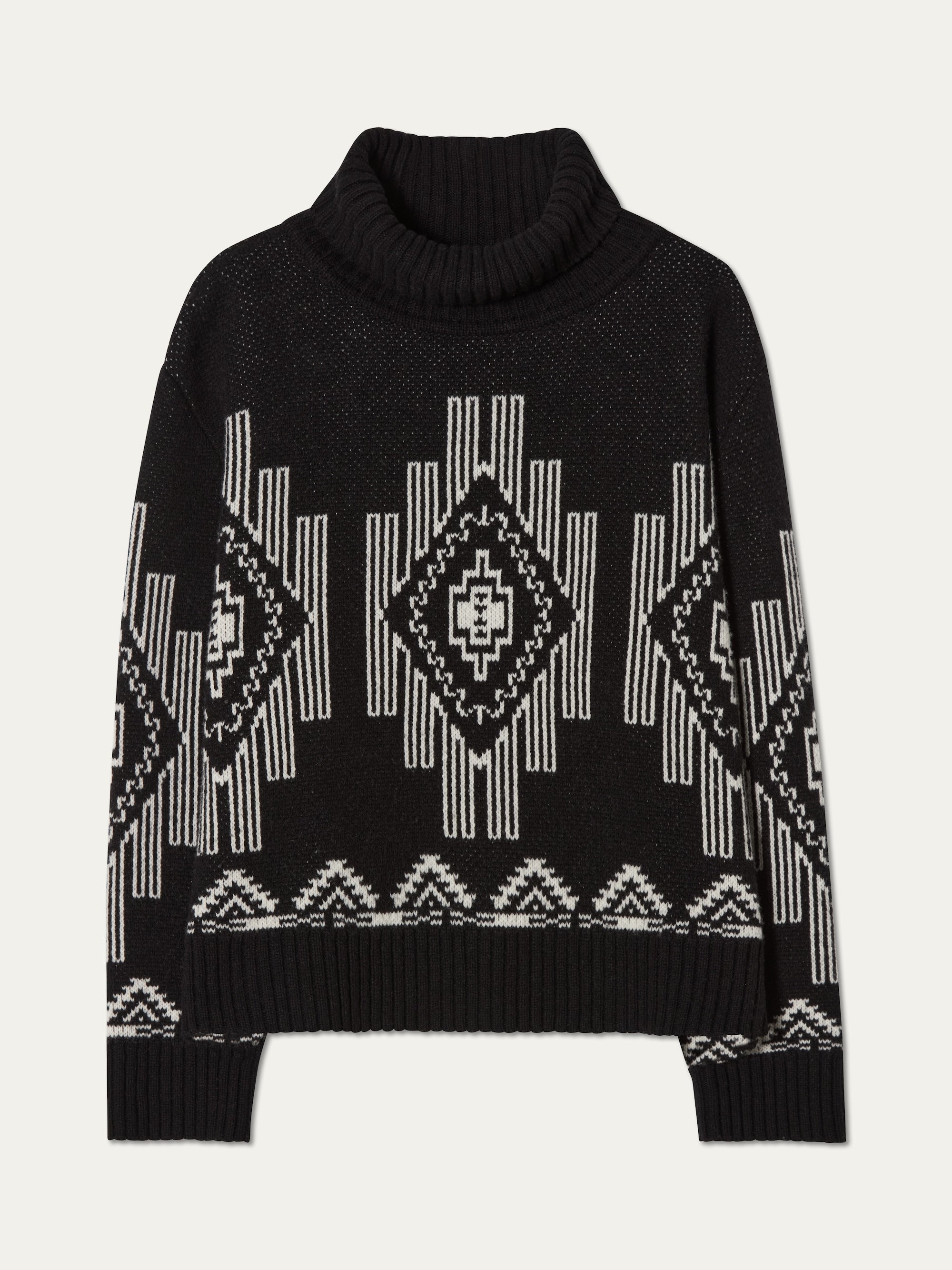 We Norwegians_FW25_Women | The Kautokeino sweater in Black | The sweater has a turtle neck and a striking jacquard pattern inspired by the Native and Indigenous American art
