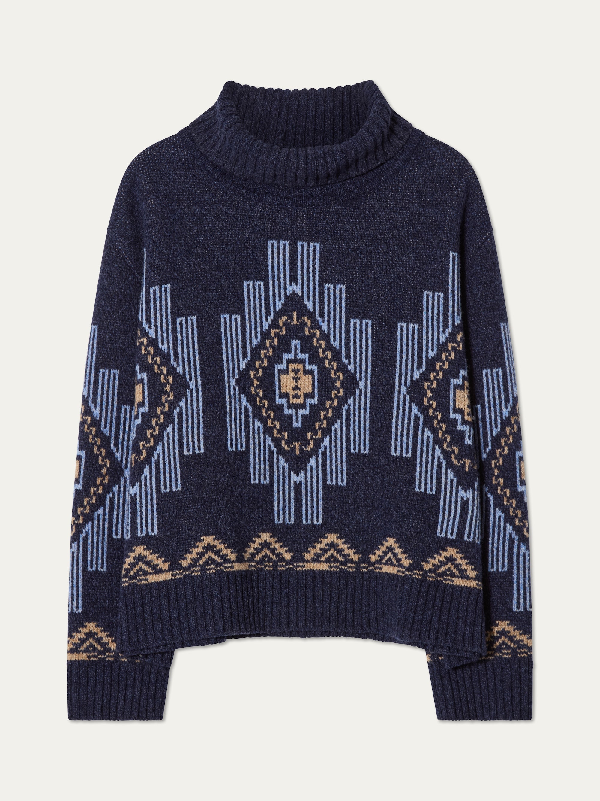 We Norwegians_FW25_Women | The Kautokeino sweater in Navy blue | The sweater has a turtle neck and a striking jacquard pattern inspired by the Native and Indigenous American art