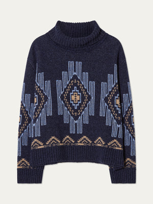 We Norwegians_FW25_Women | The Kautokeino sweater in Navy blue | The sweater has a turtle neck and a striking jacquard pattern inspired by the Native and Indigenous American art