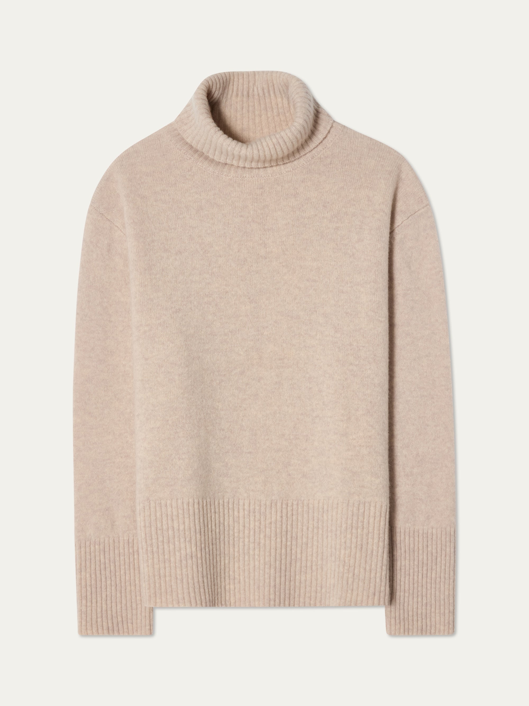 The We Norwegians Geilo BoyFriend Sweater for women in beige, made from Extrafine Merino Wool, features long sleeves with ribbed cuffs, hem, and neck, and is shown flat on a light background.