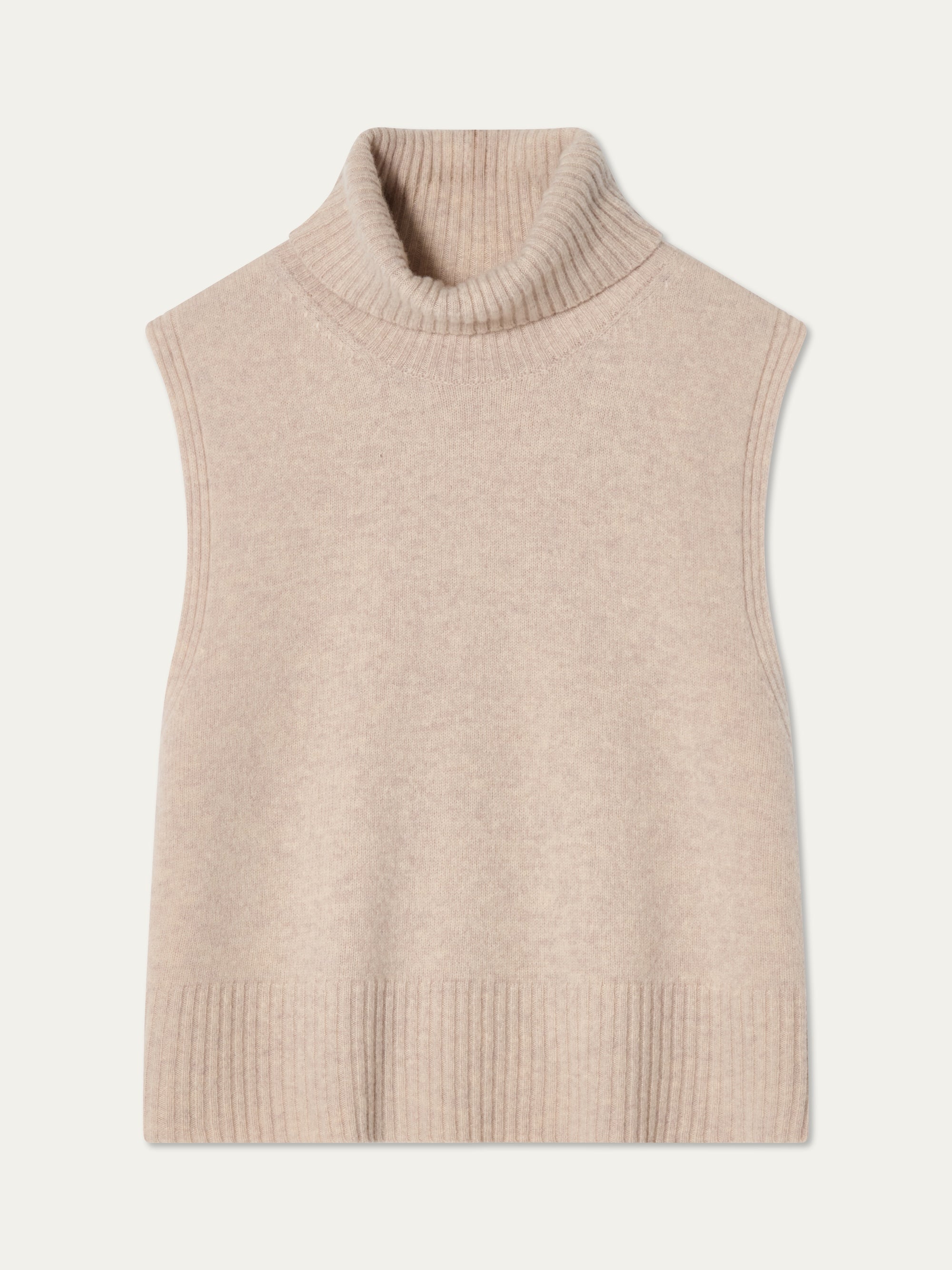 The Geilo Vest women by We Norwegians is a sleeveless beige extrafine merino wool vest, with wide ribbing at the collar, armholes, and hem, shown laid flat on a light background.