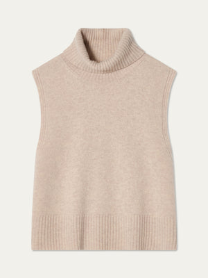 The Geilo Vest women by We Norwegians is a sleeveless beige extrafine merino wool vest, with wide ribbing at the collar, armholes, and hem, shown laid flat on a light background.