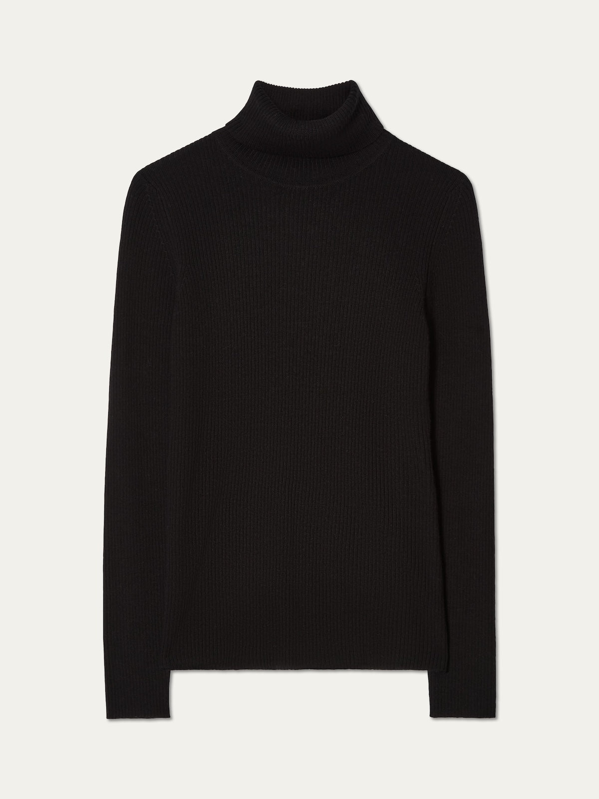 The We Norwegians Geilo TurtleNeck for women, a plain black long-sleeve turtleneck sweater, is laid flat on a white background.