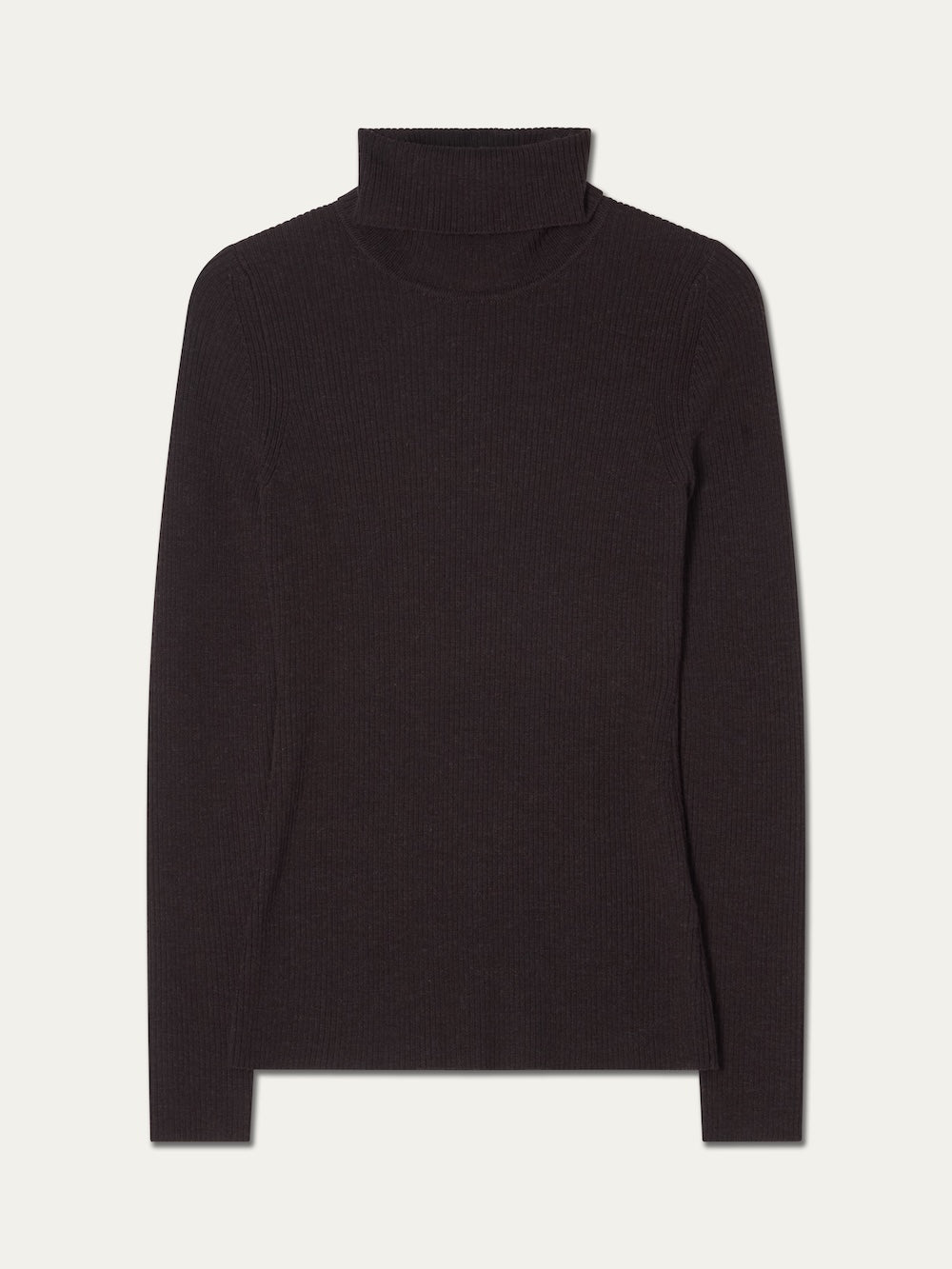 The We Norwegians Geilo TurtleNeck women, a long-sleeved black ribbed roll neck sweater, is laid flat on a white background.